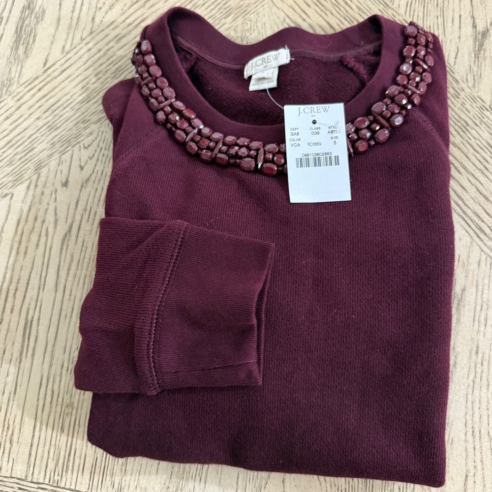 New J.Crew Burgundy Red Size Small‎ Embellished Neck Sweater Top NWT